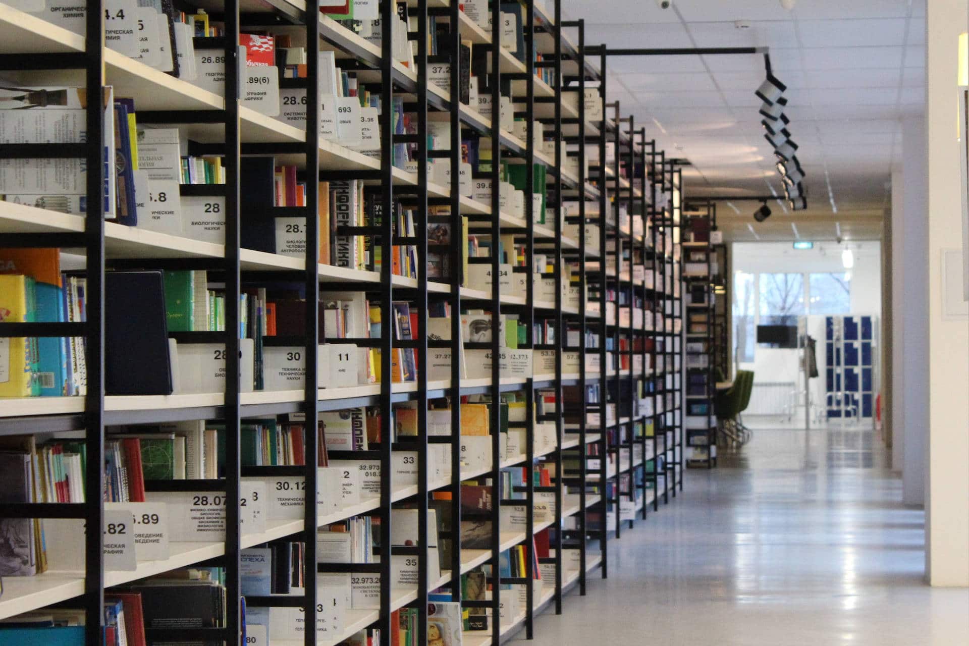 Inside a modern library with ergonomic shelving.